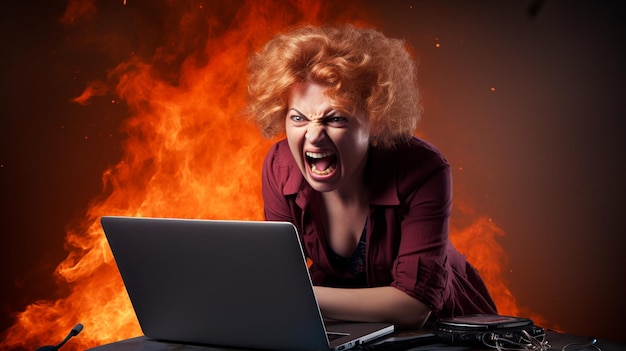Photo angry woman screaming at laptop