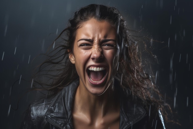 an angry woman screaming in the rain