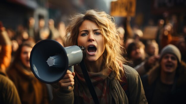 Angry woman shouting into a megaphone in a crowd Generative AI