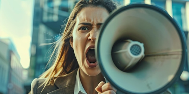 angry woman on the street with a loudspeaker Generative AI