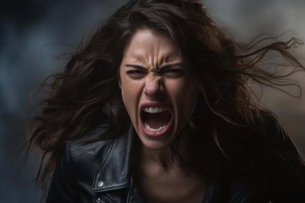 an angry woman with her mouth open in front of a dark background