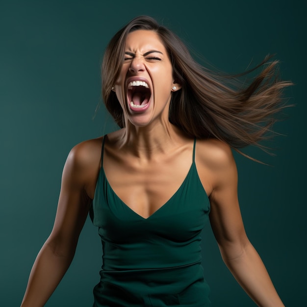 Foto una donna arrabbiata con la bocca aperta su uno sfondo verde