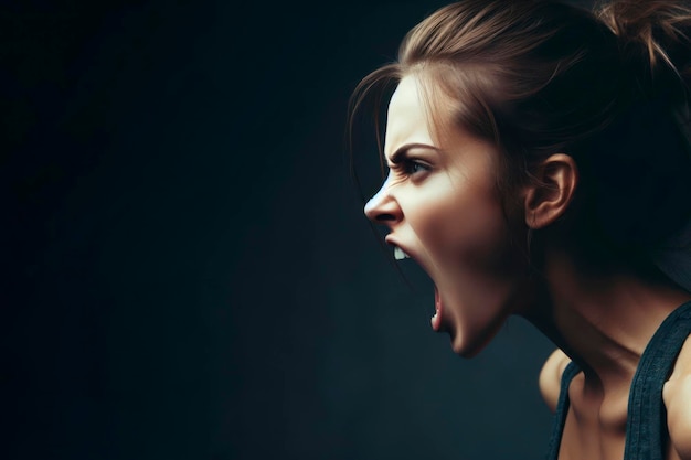 Photo an angry woman with an open mouth on a dark background ai generative