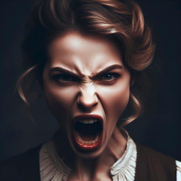 An angry woman with an open mouth on a dark background ai generative