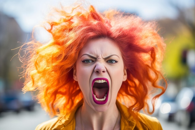 angry woman with red hair screaming in the street