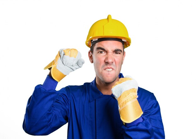 Angry worker on white background