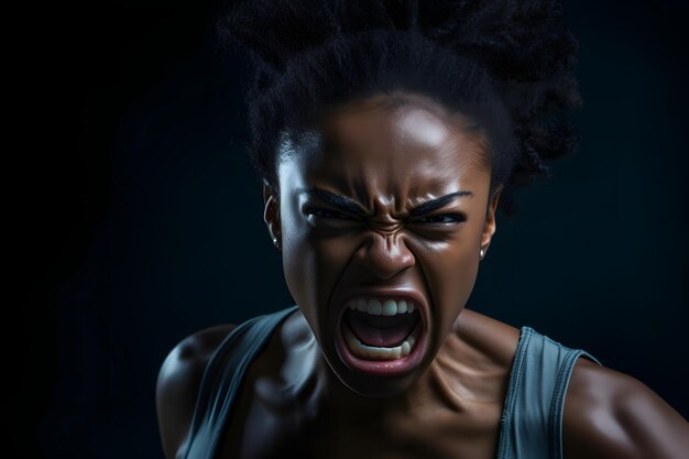 Photo angry young adult african american woman yelling head and shoulders portrait on black background