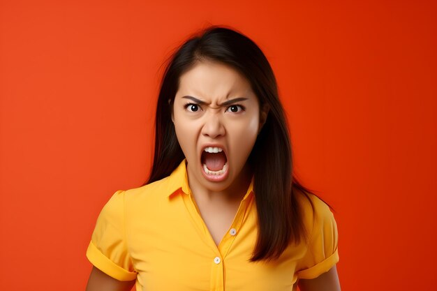 Angry young adult asian woman yelling on orange background neural network generated photorealistic