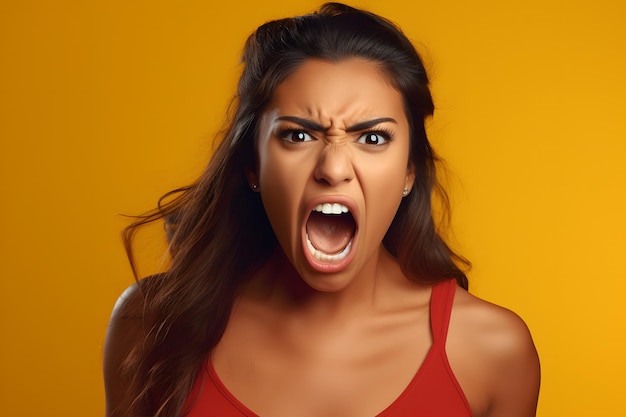 Angry young adult latin american woman yelling on orange background neural network generated image