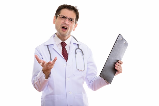 angry young doctor holding clipboard