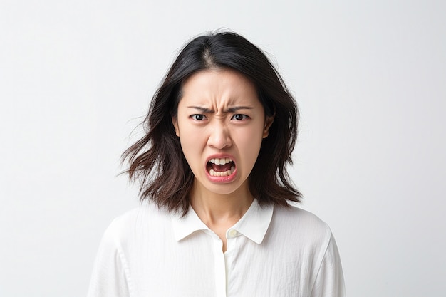 angry young Japanese woman with a chic style on white background