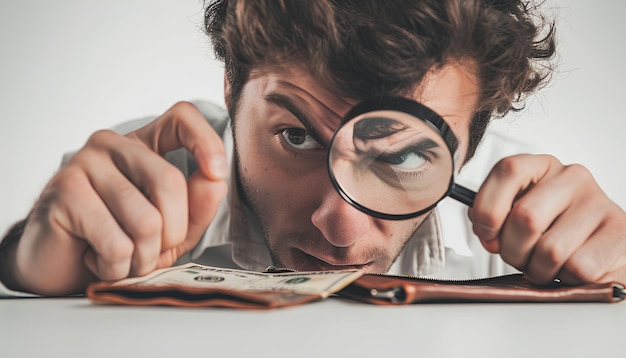 Photo angry young man looking through a magnifying glass at empty wallet on white background