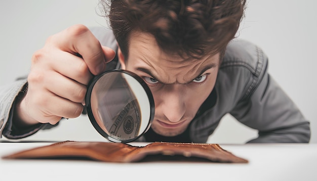 Photo angry young man looking through a magnifying glass at empty wallet on white background