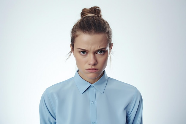 angry young woman with blue shirt