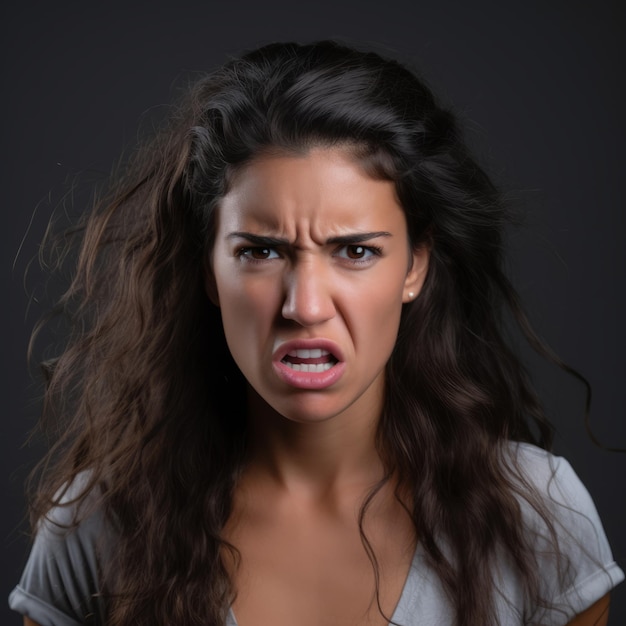 angry young woman with long hair making an angry face on a black background