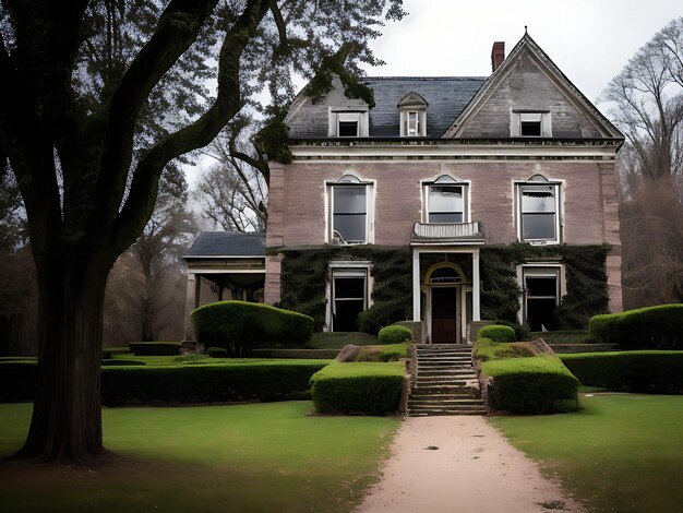 Foto angstaanjagend verlaten huis met een grote boom landschap illustratie