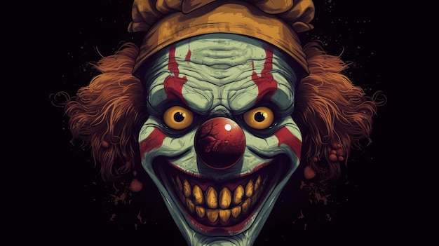 Angstaanjagende clownillustratie met gele tanden en gedurfde make-up