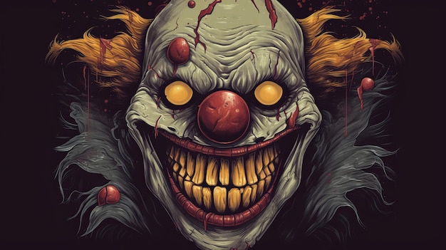 Angstaanjagende clownillustratie met gele tanden en gedurfde make-up