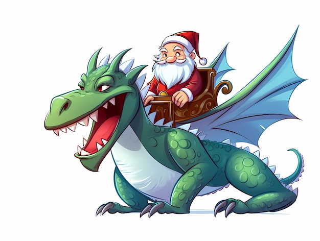 Foto angstaanjagende draak met de hoed van de kerstman close-up kerstman rijden op een grote draak geïsoleerd op wit
