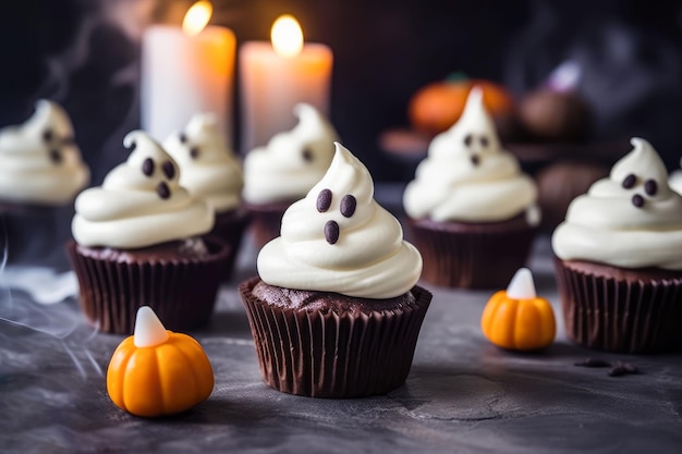 Foto angstaanjagende halloween cupcakes op donkere achtergrond generatieve ai