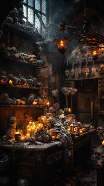 angstaanjagende halloween-keuken groteske pompoenen schedels en griezelige lekkernijen Ai gegenereerd