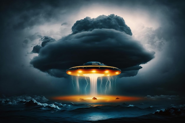 Angstaanjagende UFO die tijdens een storm boven de open oceaan zweeft