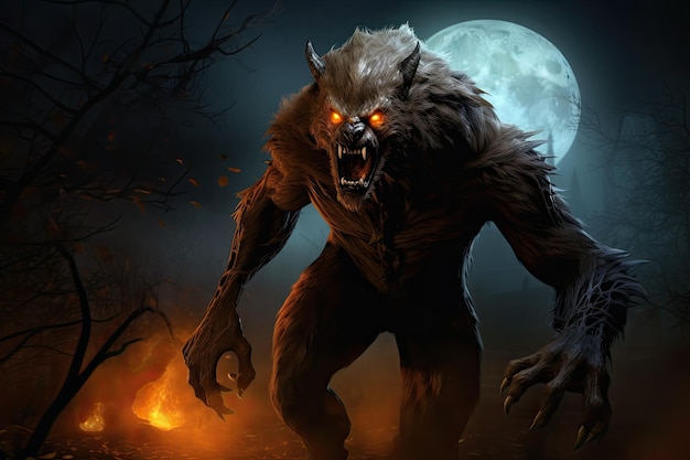 Foto angstaanjagende weerwolf in het bos bij volle maan.