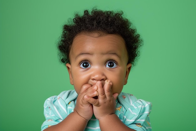 Angstige Afro-Amerikaanse baby en nagels bijten in de studio met oops reactie op groene achtergrond