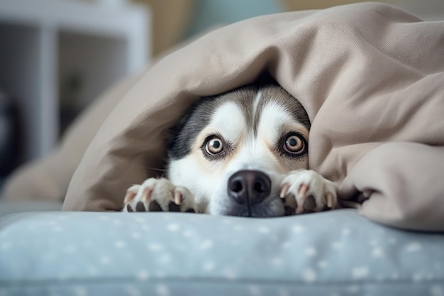 Angstige hond ligt op een bank onder de deken Generatieve AI