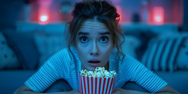 Angstige jonge vrouw die een angstaanjagende film verwacht met popcorn concept thriller film enge filmnacht film snacks nerveuze kijker filmnacht thuis