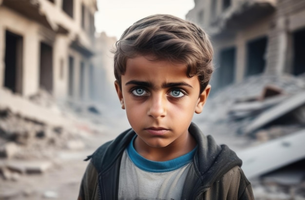 Angstige jongen tegen de achtergrond van een verwoeste stad Kinderen van de oorlog stop de oorlog stop het geweld