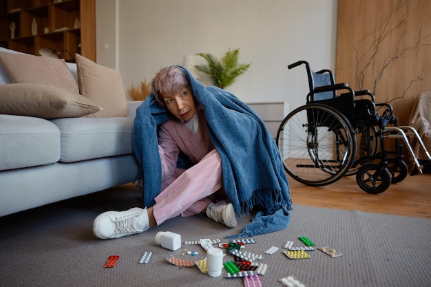 Angstige oudere vrouw met een psychische stoornis gewikkeld in een deken.