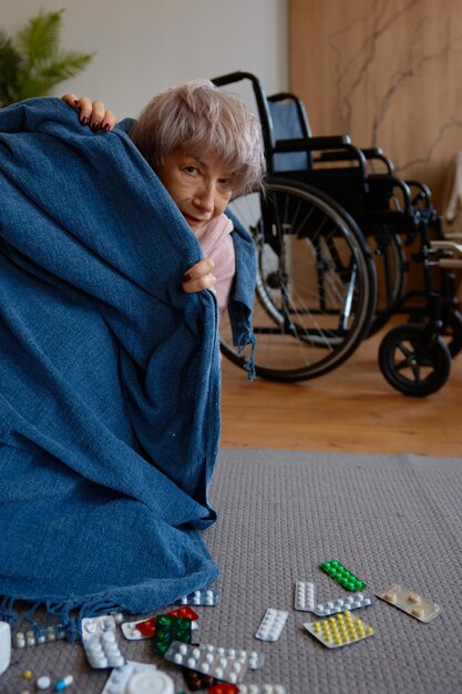 Foto angstige oudere vrouw met een psychische stoornis gewikkeld in een deken.