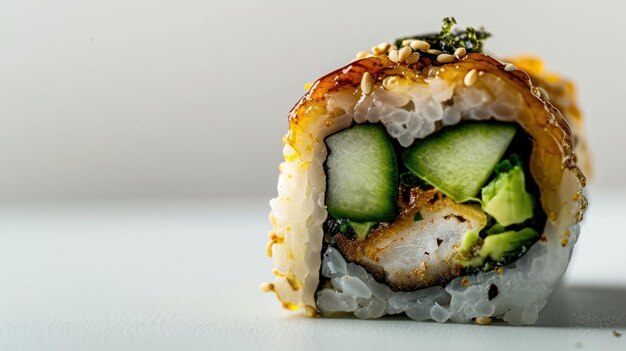 Angular view of a Dragon Roll against white background