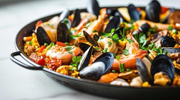 Angular view of a Seafood and Chicken Paella on a white background