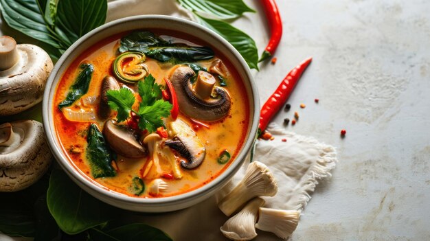 Photo angular view of a tom yum with mushrooms on a white background