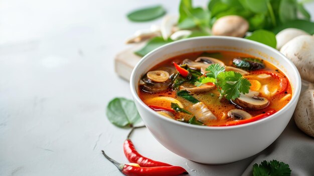 Photo angular view of a tom yum with mushrooms on a white background