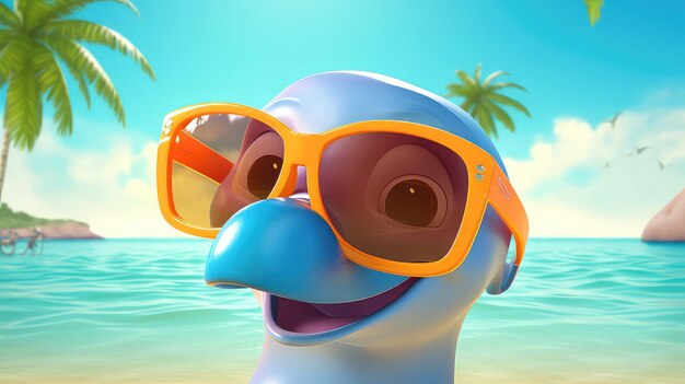 Animal 3d character person with surf board in the beach