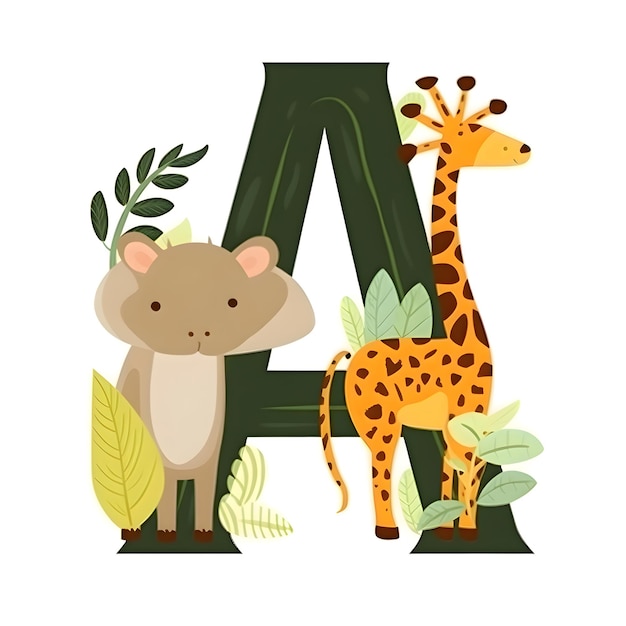 Photo animal alphabet letter a with giraffe and leopard vector illustration