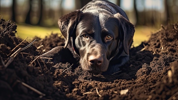 Animal black dog digging