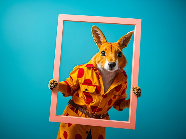 an animal character peeking through the frame while holding it isolated on a blue backgound