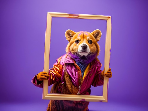 животный персонаж, заглядывающий через кадр, держа его изолированным на фиолетовом фоне