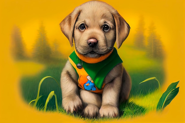 Animal characters for cartoons Cute emotional puppies Green background with flowers in the forest