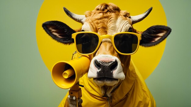 Photo animal concept a cow is sitting and wearing a yellow jacket and glasses generative ai