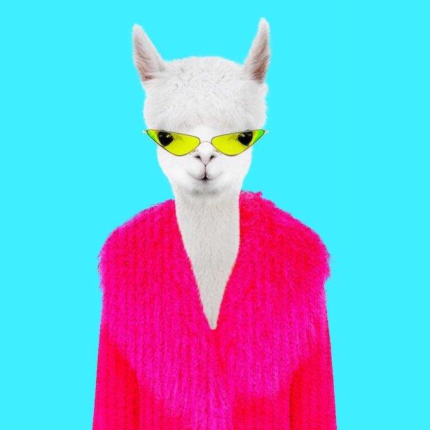 animal contemporary art collage modern art collage a fashionable llama with glasses and a pink fur