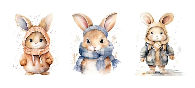 Animal cute rabbit in winter cloth watercolor ai generated hare easter character design holiday happy animal cute rabbit in winter cloth watercolor illustration