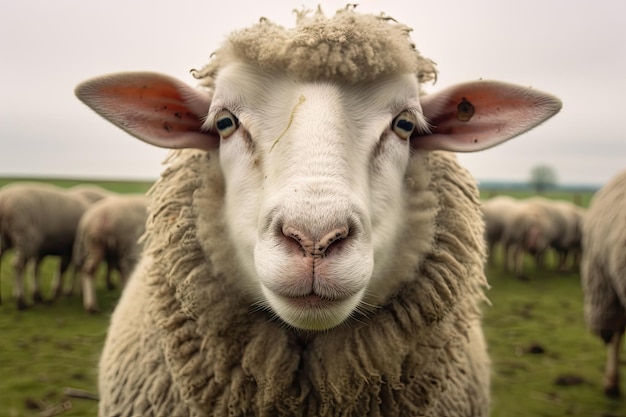 Animal dike funny sheep is looking at you from its meadow on farm background Sheep Generative AI