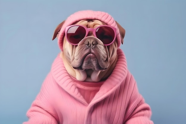 Foto bulldog cane animale con maglione rosa occhiali da sole che guardano la telecamera concetto minimo di moda