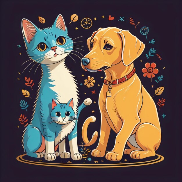 犬と猫のイラストデザインのTシャツ