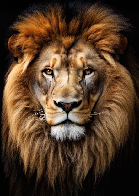 フレームの概念的な黒い背景にアフリカのライオンの動物の顔
